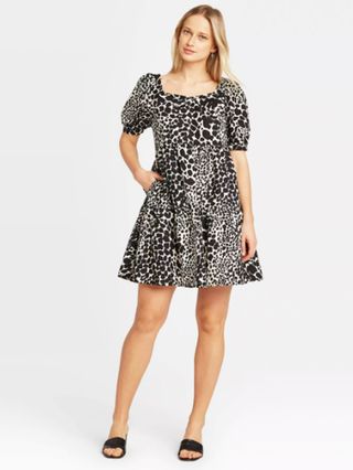 Who What Wear + Leopard Print Puff Short Sleeve Dress