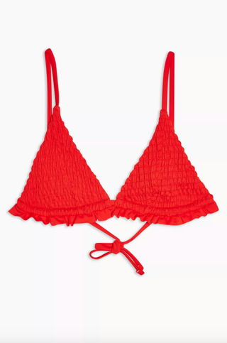 Topshop + Red Smocked Frill Triangle Bikini Top
