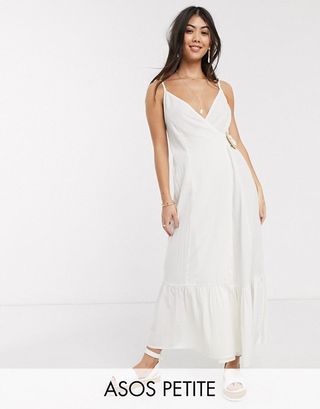 ASOS Design + Petite Cami Wrap Maxi Dress in Linen With Wicker Belt