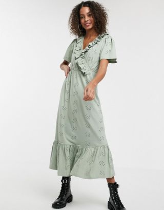 ASOS Design + Ruffle Broderie Midi Dress in Sage Green