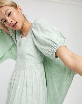 & Other Stories + Vintage Floral Puff Sleeve Midi Dress in Sage Green