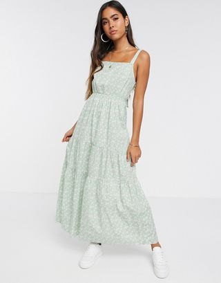 Vero Moda + Tiered Floral Maxi Dress With Tie Back Detail in Green Daisy Print
