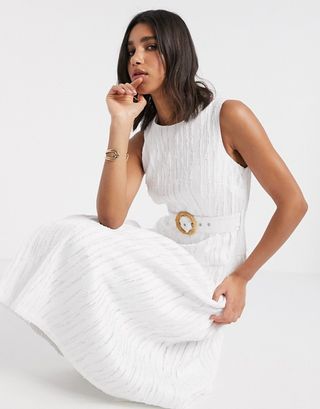 ASOS Design + Drop Waist Textured Midi Dress With Buckle Belt in Cream