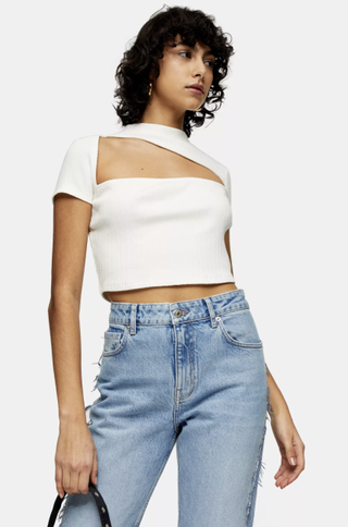 Topshop + Cream Salsh Cut Out Neck Ribbed Top