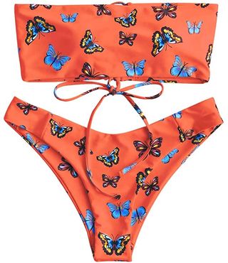 Zaful + Bandeau Bikini Swimwear Butterfly Print Lace Up Swimsuit