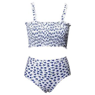 Eytino + Printed Strapless Shirred Bikini