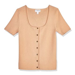 The Drop + Maxine Short Sleeve Square Neck Button Front Rib Cardigan