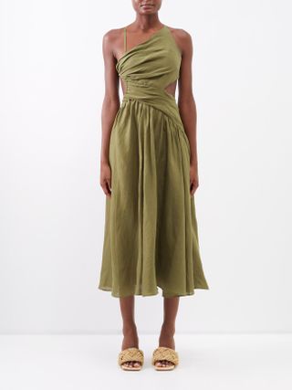 Zimmermann + Laurel Asymmetric Linen Midi Dress