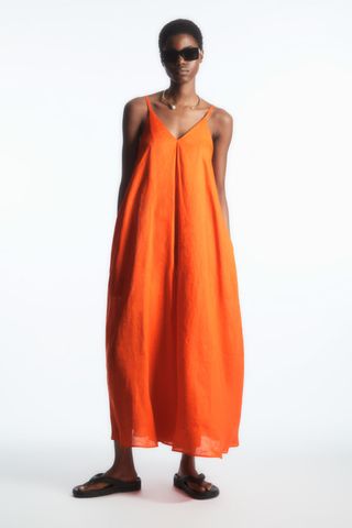 COS + Pleated V-Neck Linen Midi Dress