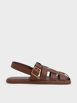 Charles & Keith + Brown Metallic Buckle Caged Slingback Sandals