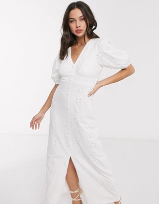 ASOS + Broderie Tea Maxi Dress With Puff Sleeve in White