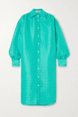 Christopher John Rogers + Oversized Crystal-Embellished Silk-Charmeuse Shirt Dress