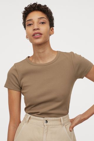 H&M + Ribbed Cotton T-Shirt