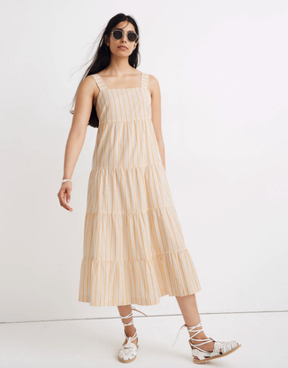 Madewell + Striped Button-Back Tiered Midi Dress