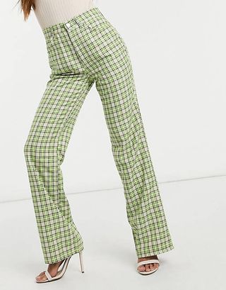 ASOS Design + High Waisted Flare Trouser in Lime Green Check