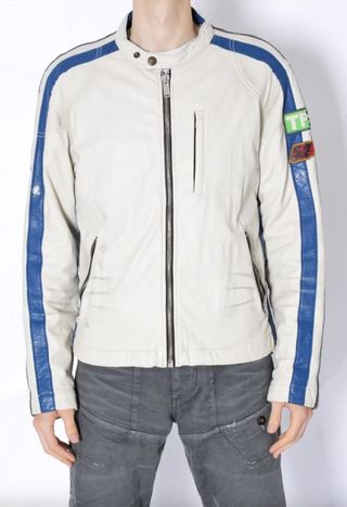 ASOS Marketplace + Y2K Beige Blue Racing Faux Leather Jacket