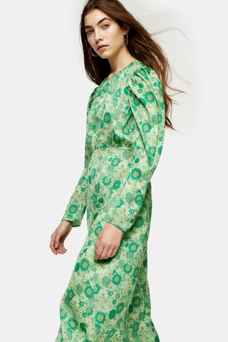 Topshop + Green Floral Print Long Sleeve Midi Dress