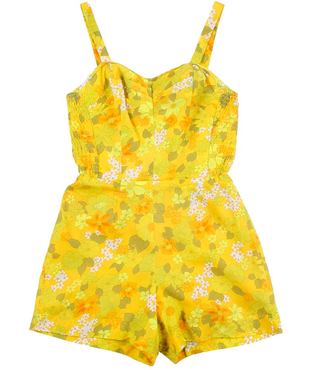 Vintage + Early 1960s Sunshine Yellow and Green Floral Playsuit