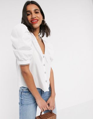 River Island + Lace Collar Top in White