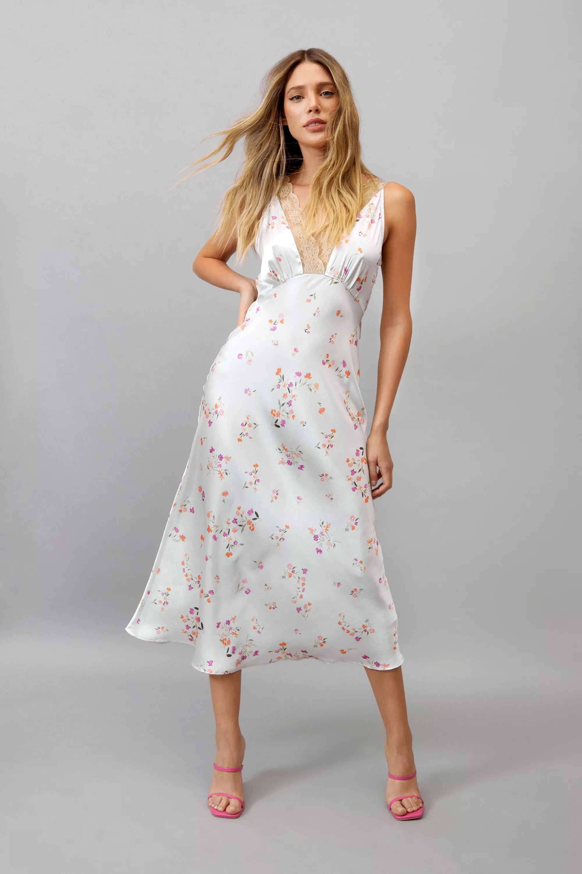 Nasty Gal + Floral Lace Trim Slip Midaxi Dress