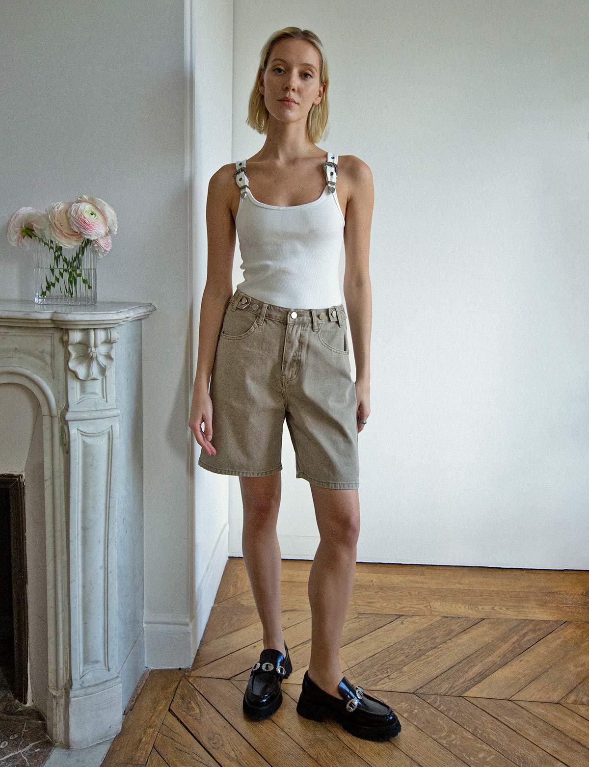 Pixie Market + Greige Denim Long Button Shorts