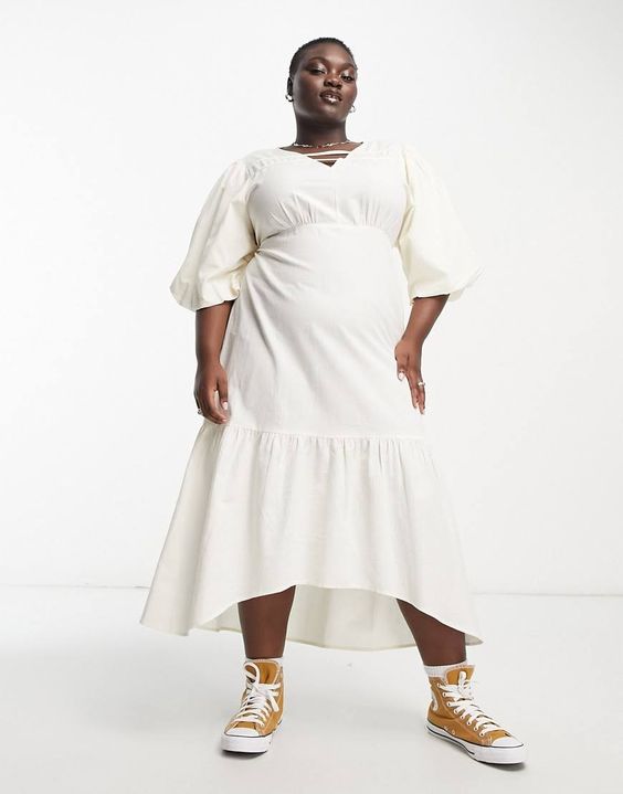 Native Youth Plus + Ruffle Hem Linen Midaxi Dress in Ecru