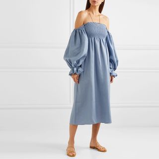 Sleeper + Atlanta Off-the-Shoulder Shirred Linen Midi Dress