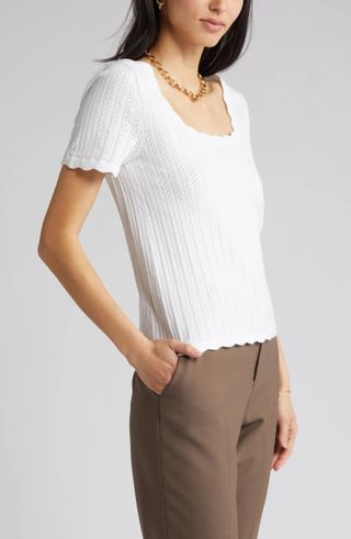 Halogen + Short Sleeve Pointelle Stitch Sweater