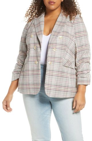 1.State + Cassia Ruched Sleeve Plaid Blazer