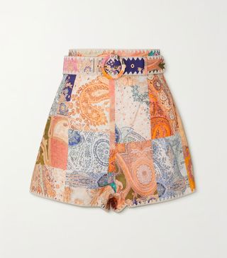 Zimmermann + Anneke Belted Patchwork Paisely-Print Linen Shorts