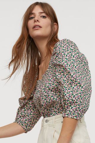 H&M + Puff-Sleeved Cotton Blouse