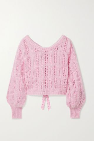LoveShackFancy + Eugenia Cropped Bow-Embellished Metallic Open-Knit Sweater