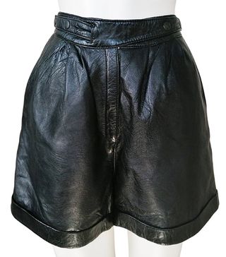 Vintage + 80s Black Leather High Waist Pleated Shorts