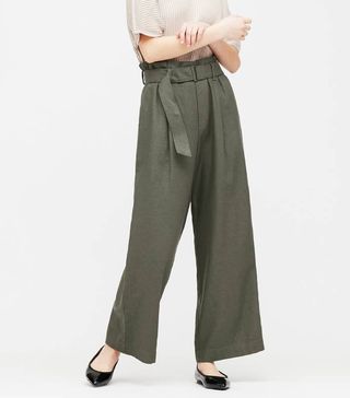 Uniqlo + Women Linen Rayon Blend Belted Wide Fit Trousers