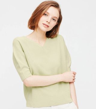 Uniqlo + Women 3D Knit Cotton V Neck Puff Half Sleeved Jumper