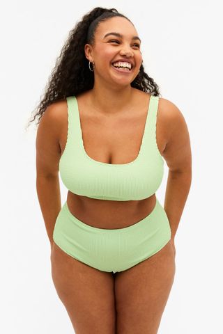 Monki + Shirred Light Green Scoop Neck Bikini Top
