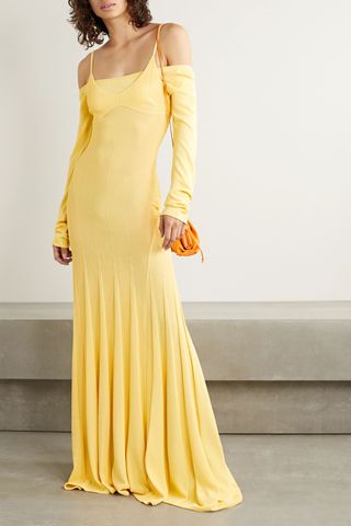 Jacquemus + Valensole Off-the-Shoulder Pleated Stretch-Knit Maxi Dress