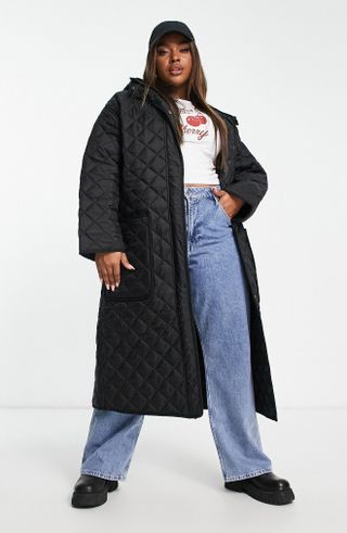 Asos Design + Quilted Hooded Longline Coat