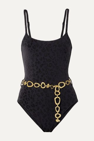 Solid & Striped + The Nina Belted Stretch Leopard-Jacquard Swimsuit