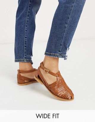 ASOS + Design Wide Fit Viva Leather Woven Flat Shoes in Tan