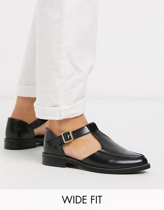 ASOS + Design Wide Fit Vonnie Leather Flat Shoes in Black