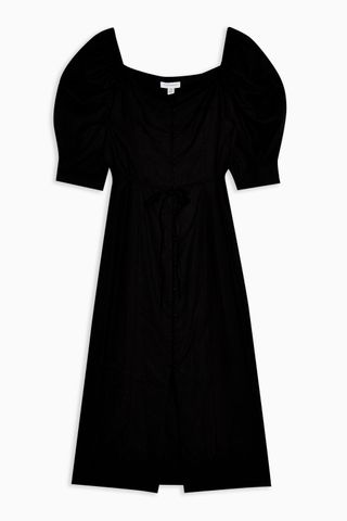 Topshop + Black Linen Blend Puff Sleeve Midi Dress