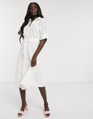 ASOS + Broderie Midi Dress With Puff Sleeves