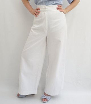 Vintage + 1970's White Linen High Waisted Trousers