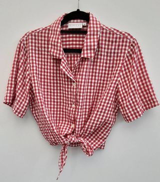 Vintage + Red and White Check Print Tie Crop