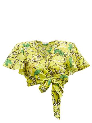 Diane Von Furstenberg + Hailey Lemon-Print Cotton-Blend Wrap Top