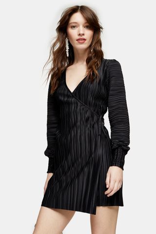 Topshop + Black Plisse Shirred Wrap Dress