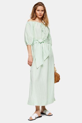 Topshop + Linen Blend Belted Bardot Midi Dress