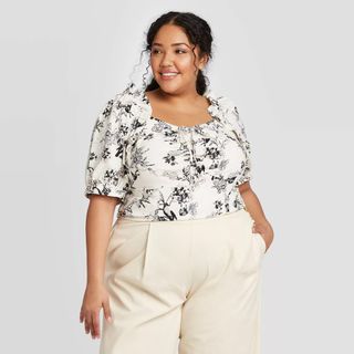 Who What Wear + Plus Size Floral Print Short Sleeve Blouse