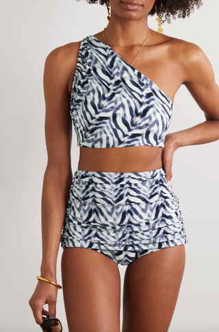 Norma Kamali + Bill Ruched Zebra-Print Bikini Briefs